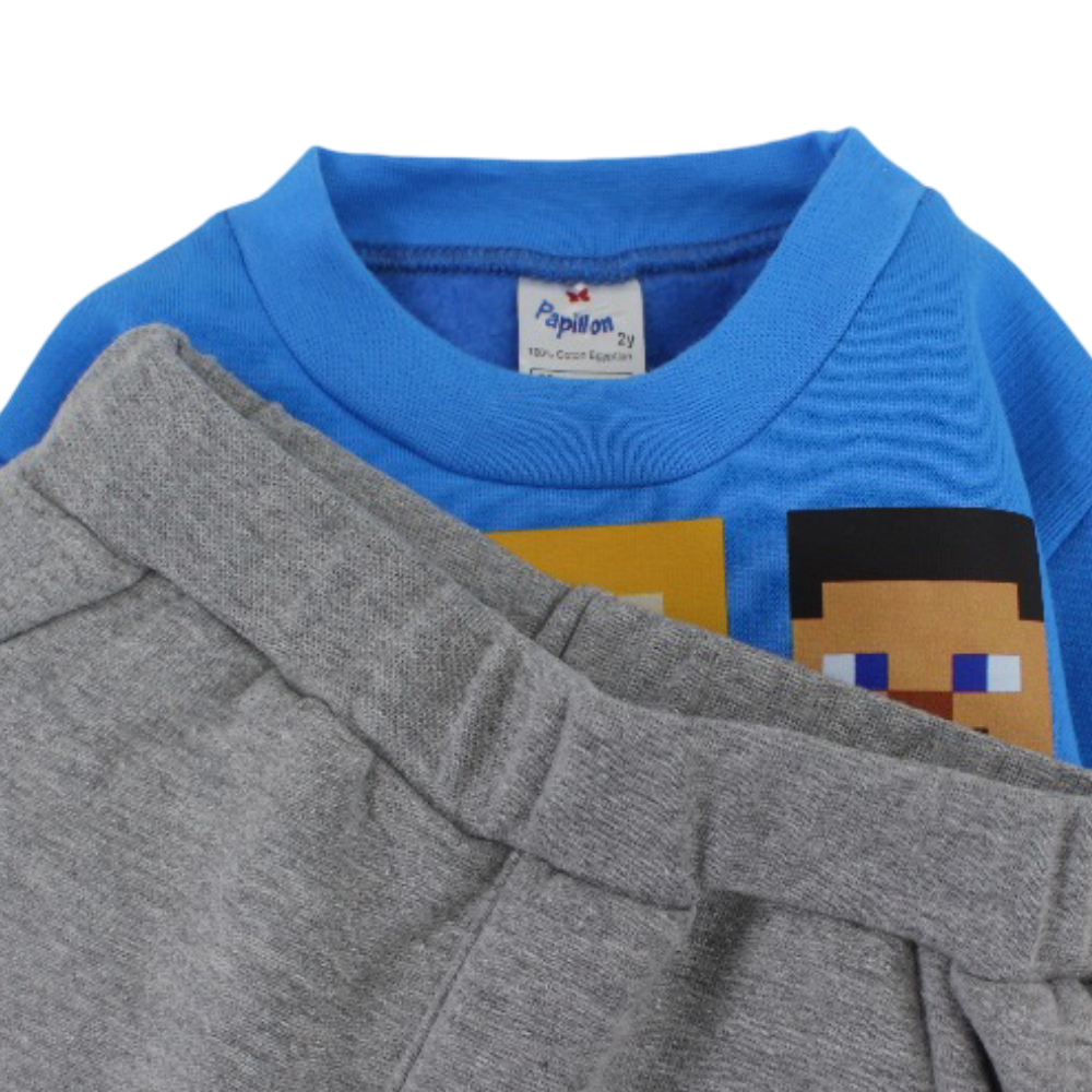Boys Cotton Pajama Set – Blue/Grey with Minecraft Print