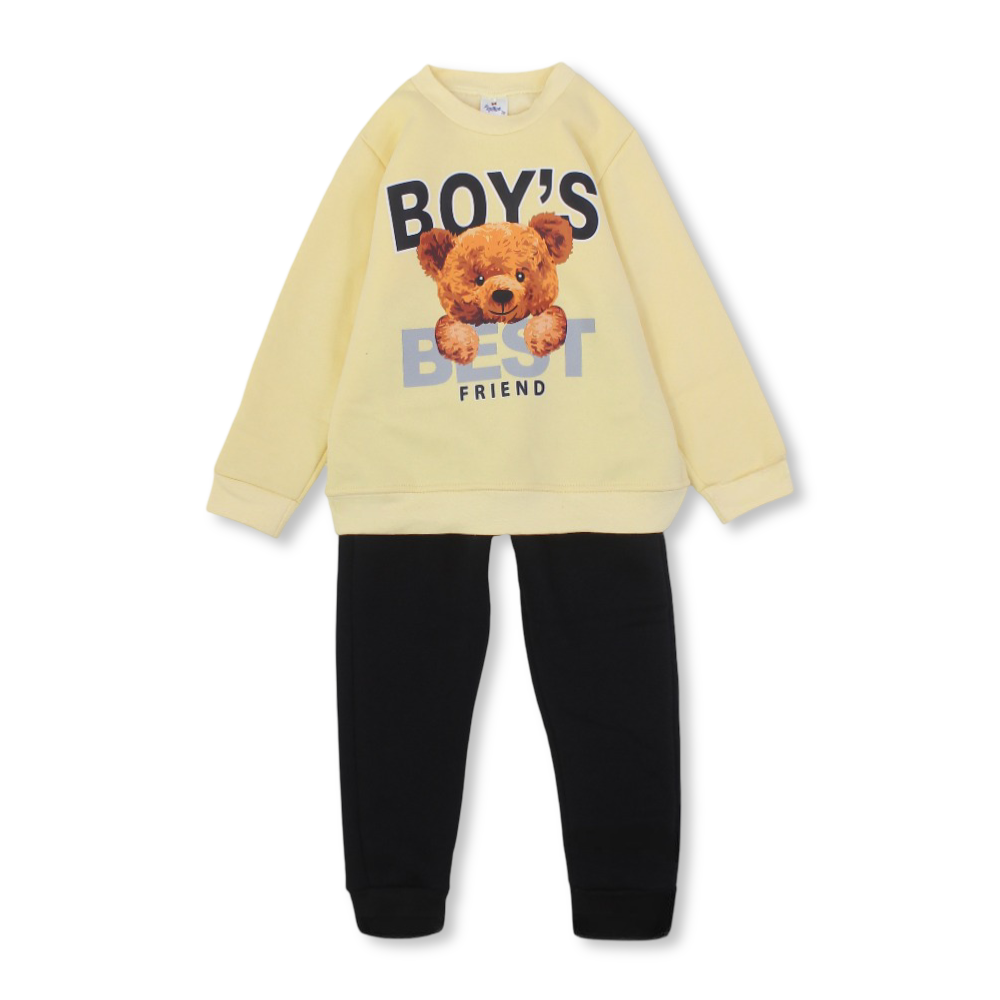 Boys Cotton Pajama Set – Yellow/Black with Bear Print