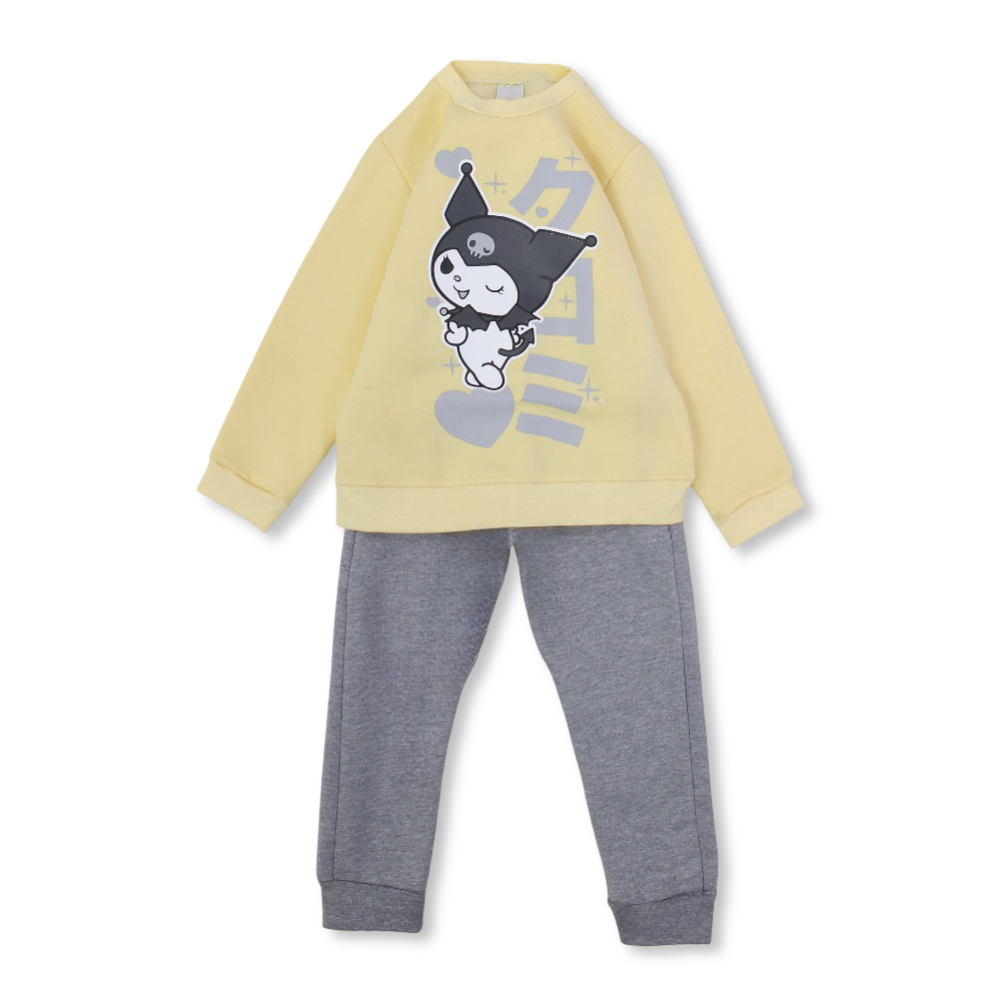 Girls Cotton Pajama Set – Yellow/Grey with Kuromi Print