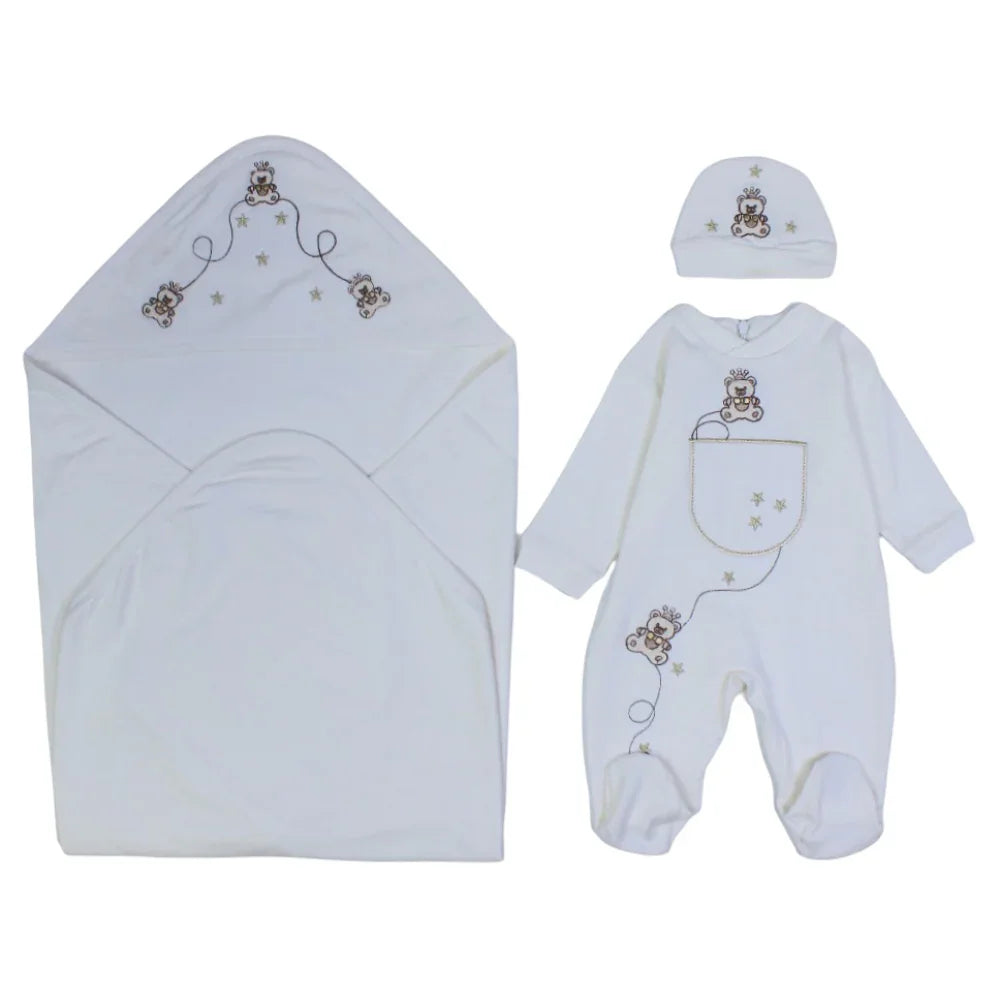 Unisex Newborn Baby Footie with a Beanie & Baby Blanket – Cute Bear Print