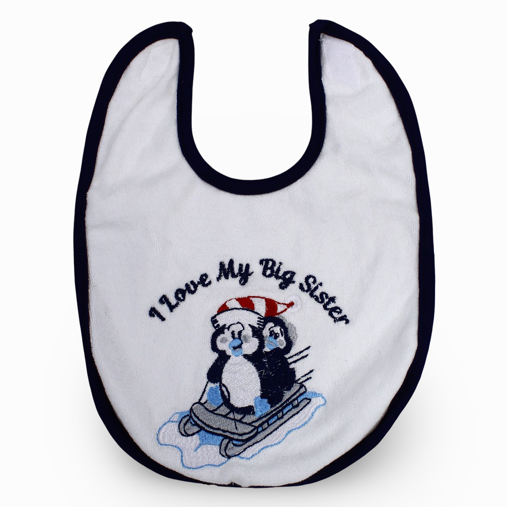 Baby Cotton Bib – Off-White with Cute Skiing Penguin Design