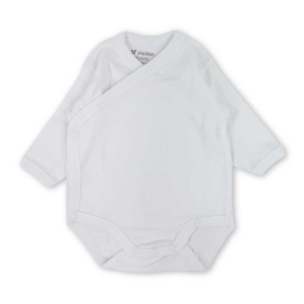 Unisex Cotton Long-Sleeved Wrap-Over Bodysuit – White