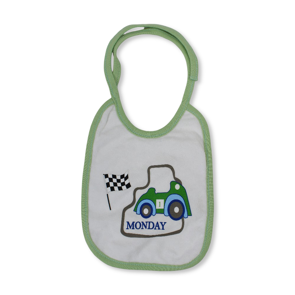 Cotton Baby Bib – White with Racing Car Print
