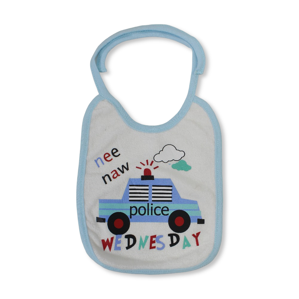 Cotton Baby Bib – White with Police Car Print