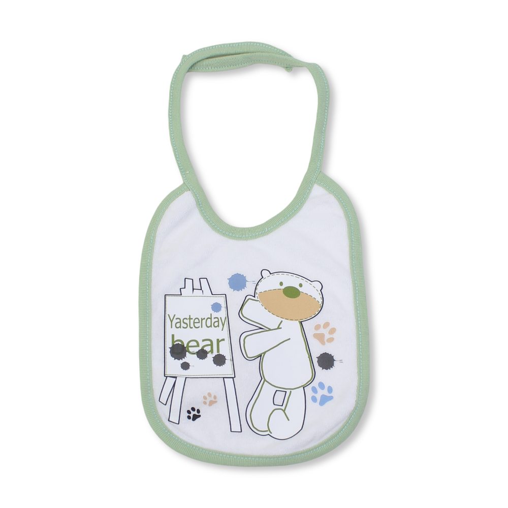Cotton Baby Bib – White with Bear & Board Print