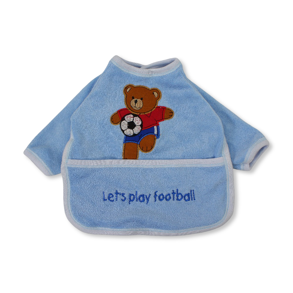 Cotton Baby Bib with Sleeves – Light Blue with Teddy Football Print - Baby Essentials - Papillion