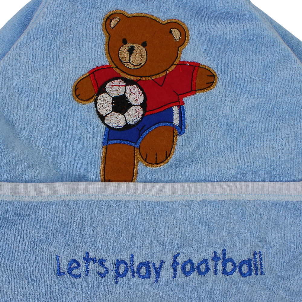 Cotton Baby Bib with Sleeves – Light Blue with Teddy Football Print
