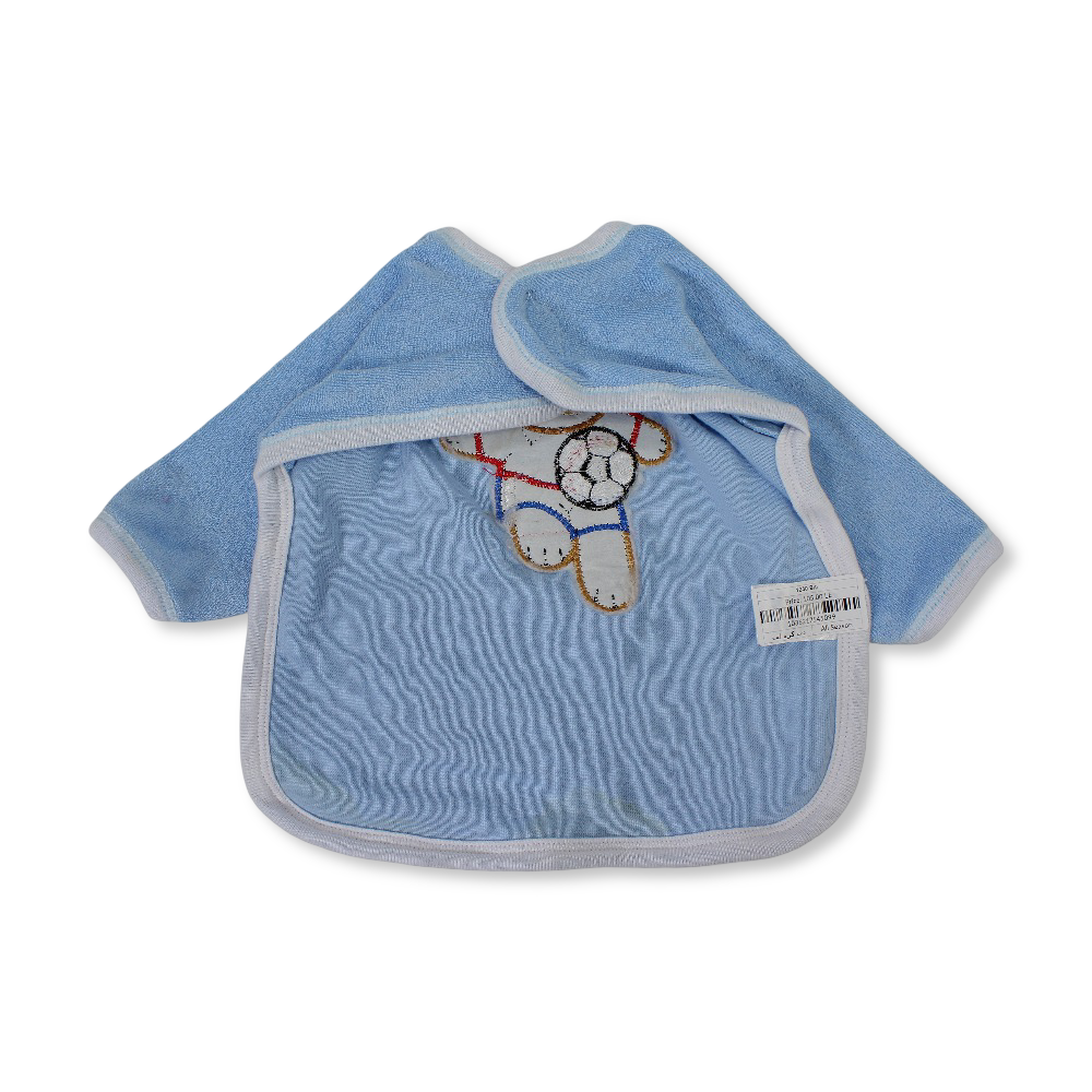 Cotton Baby Bib with Sleeves – Light Blue with Teddy Football Print