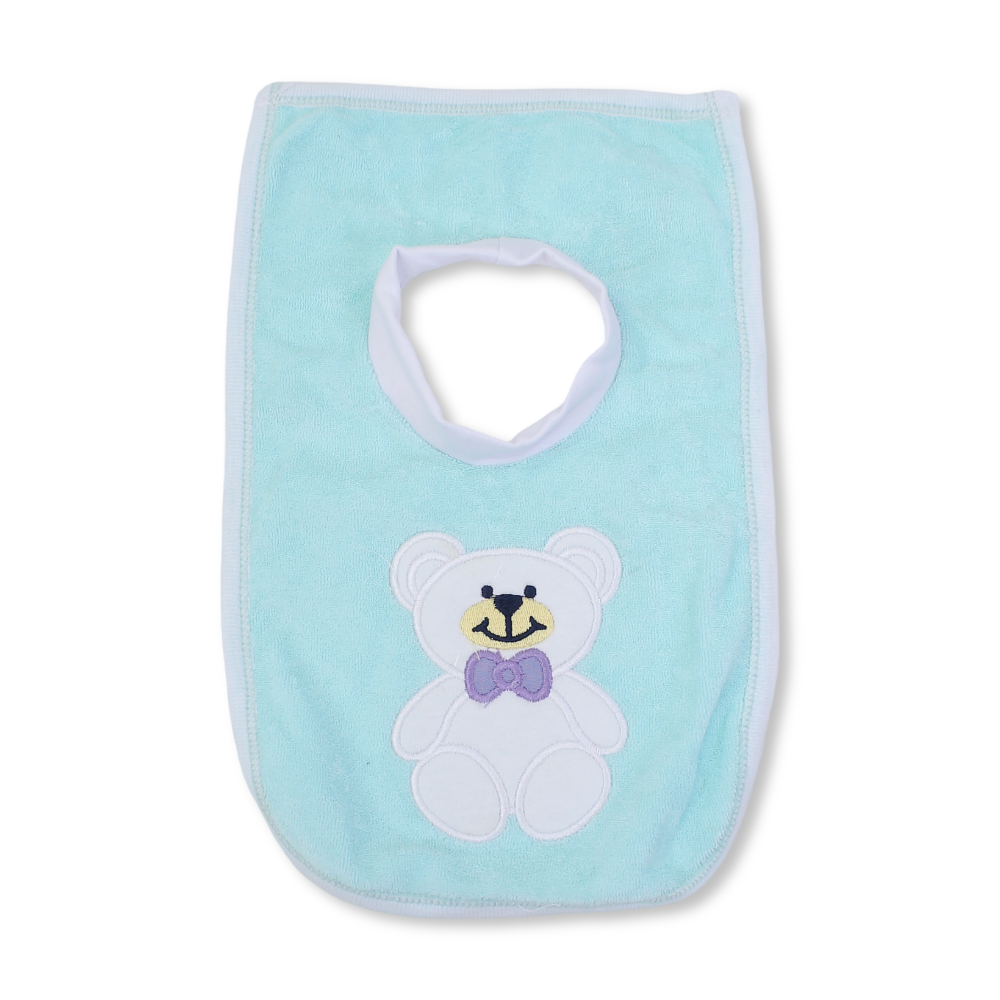 Cotton Baby Bib – Aqua with Teddy Bear Embroidery - Baby Essentials - Papillion
