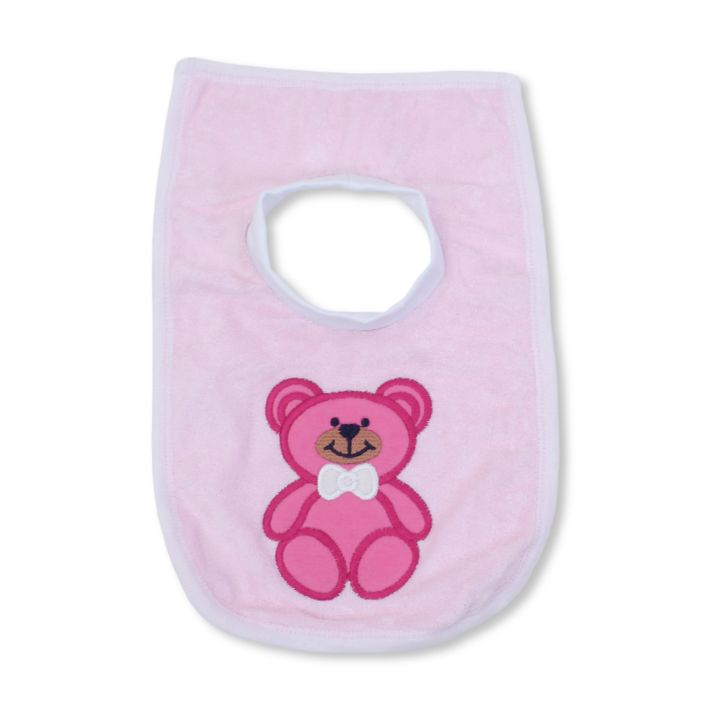 Cotton Baby Bib – Pink with Teddy Bear Embroidery