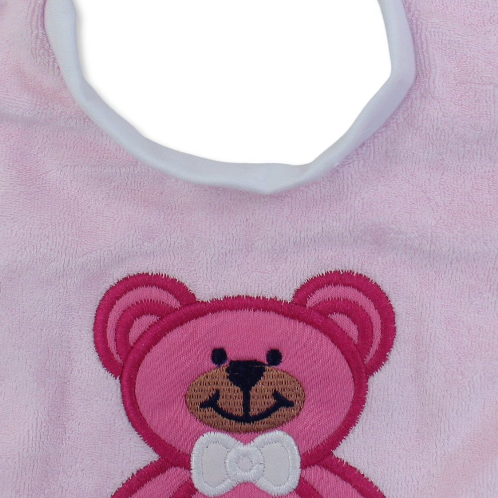 Cotton Baby Bib – Pink with Teddy Bear Embroidery