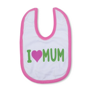 Cotton Baby Bib – Pink & White with "I Love Mum" Print