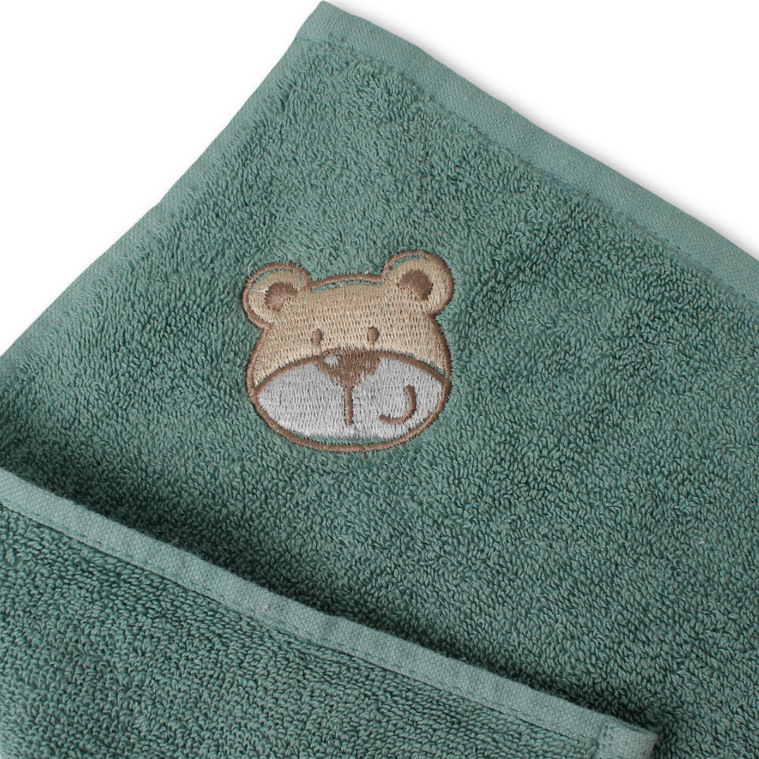 Cotton Baby Towel – Olive with Bear Embroidery