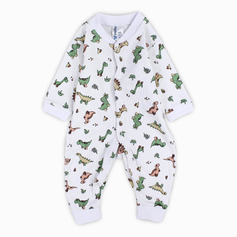 Baby Boys Cotton Footless Onesie – White with Dino Print