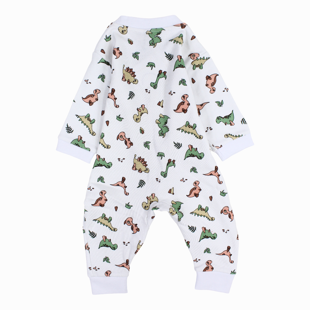 Baby Boys Cotton Footless Onesie – White with Dino Print