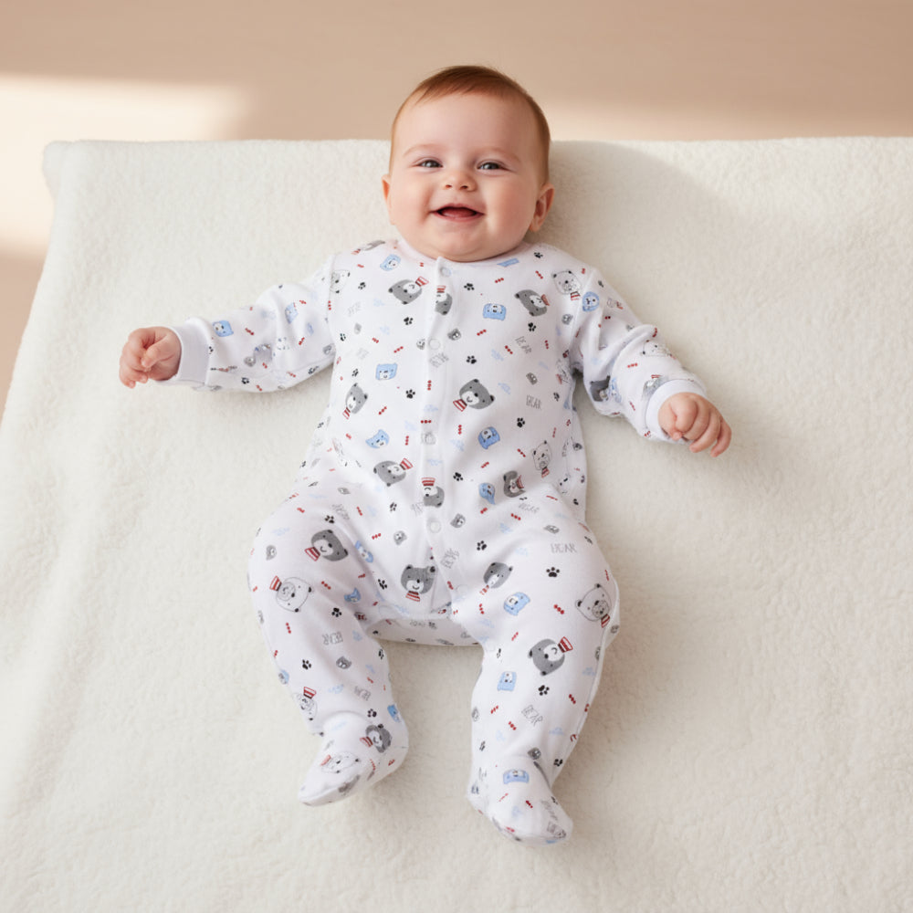 Baby Boys Cotton Footless Onesie – White with Bears Print