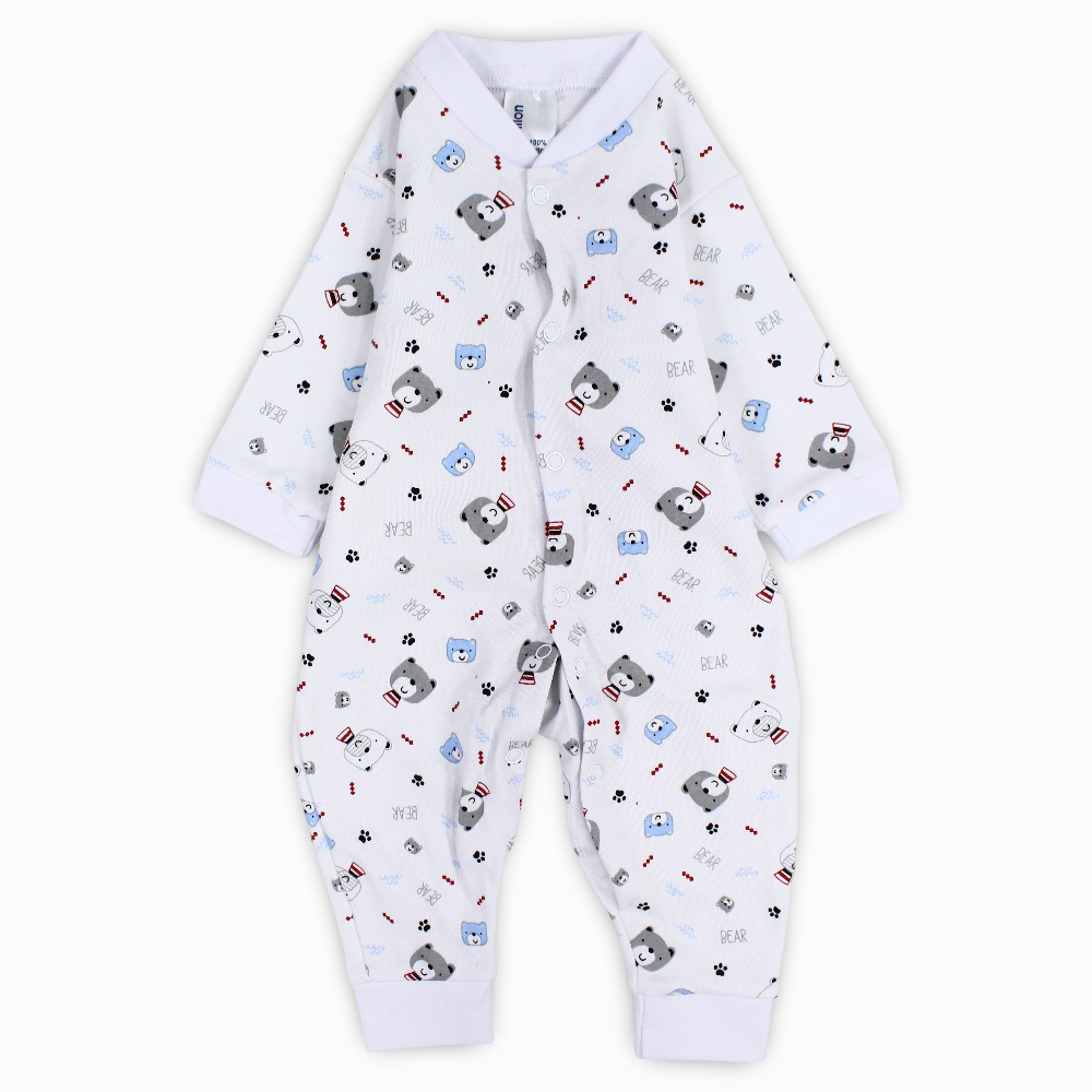 Baby Boys Cotton Footless Onesie – White with Bears Print