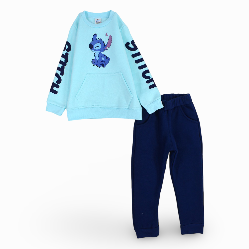 Girls Cotton Long-Sleeved Pajama Set – Stitch Print