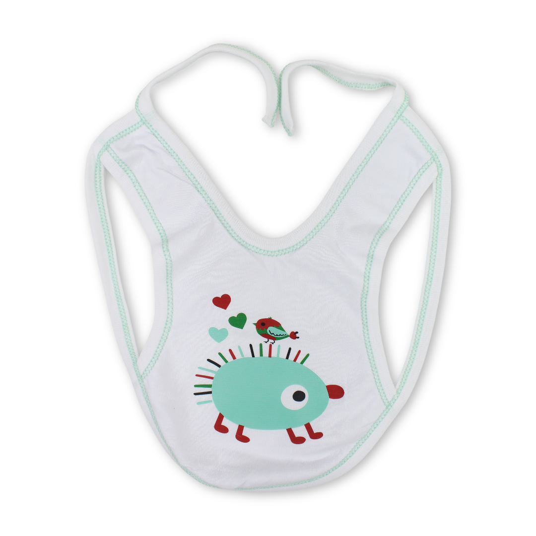 Cotton Baby Bib – White with Hedgehog Print