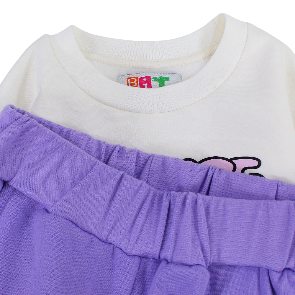 Girls Cotton Pajama Set – Off-White/Purple with "Change the Rules" Design