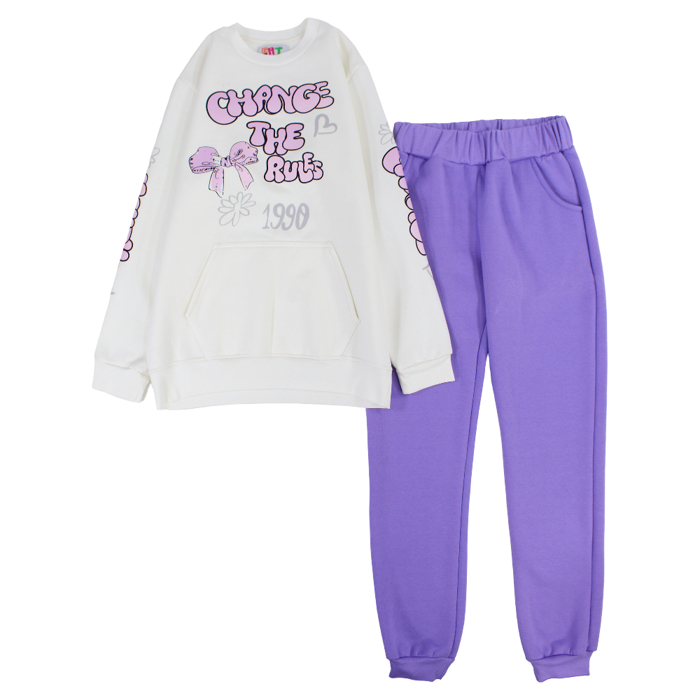 Girls Cotton Pajama Set – Off-White/Purple with "Change the Rules" Design
