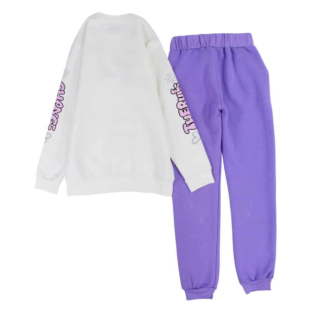 Girls Cotton Pajama Set – Off-White/Purple with "Change the Rules" Design