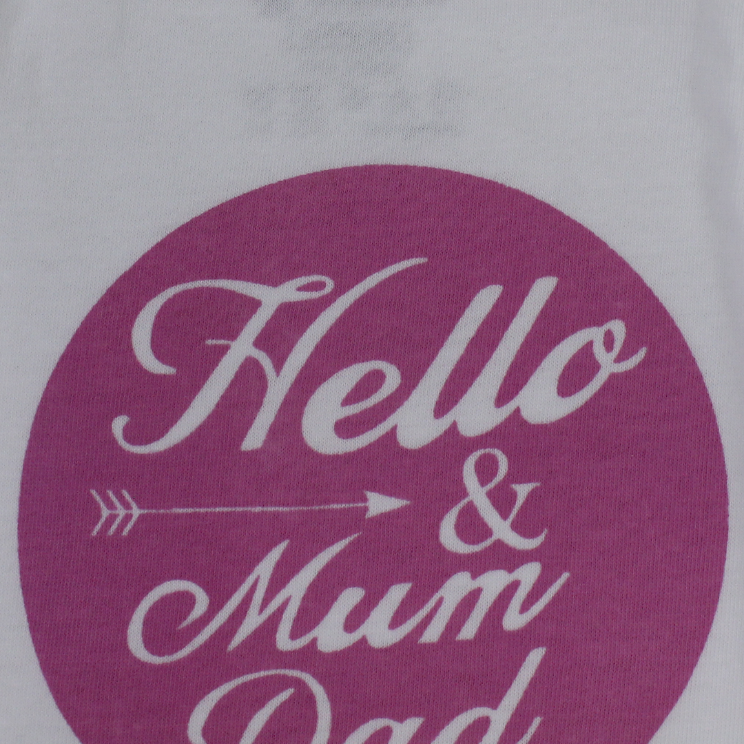 Baby Girls Cotton Bodysuit – White with Hello Mum & Dad Print