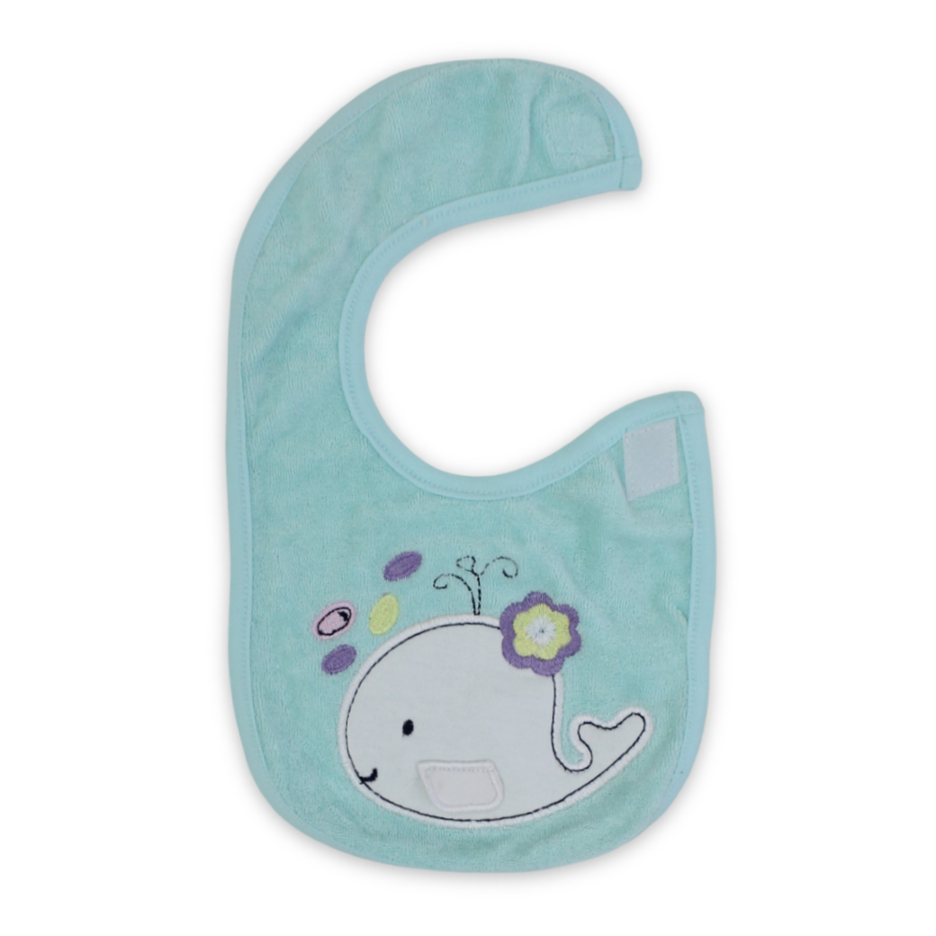 Cotton Baby Bib – Aqua with Whale Embroidery