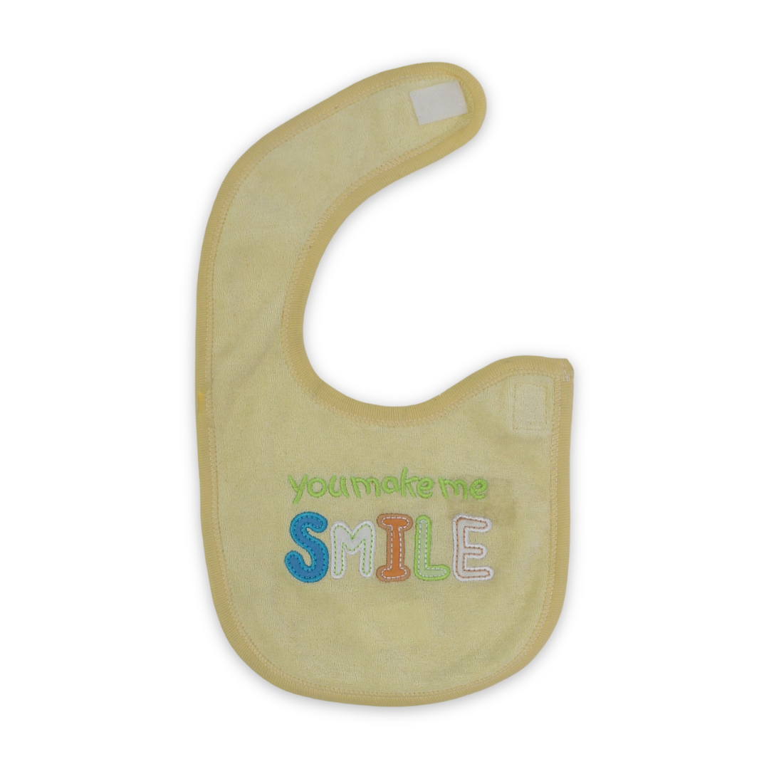 Cotton Baby Bib – Yellow with "Smile" Embroidery