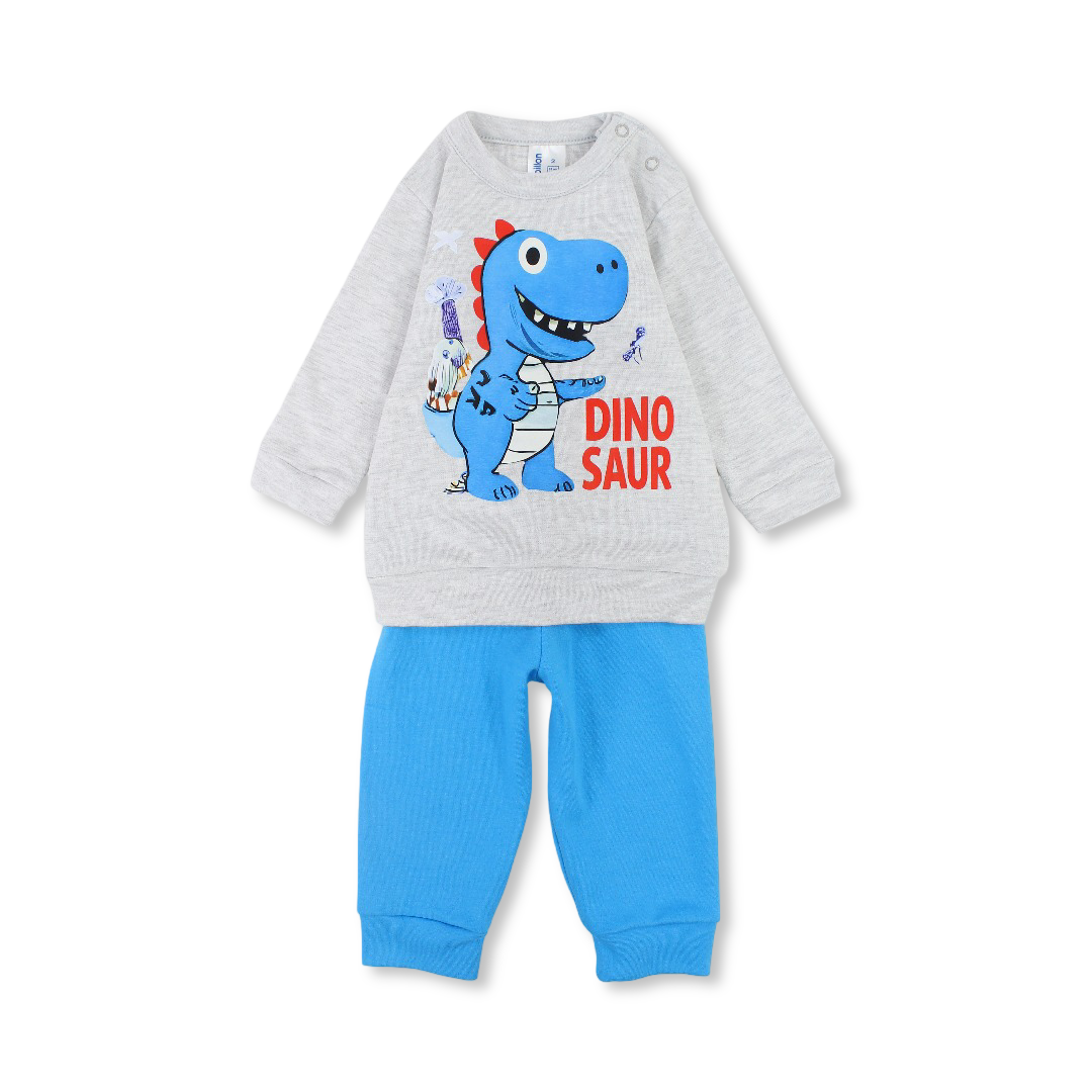 Baby Boys Cotton Pajama – Grey with Dino Print