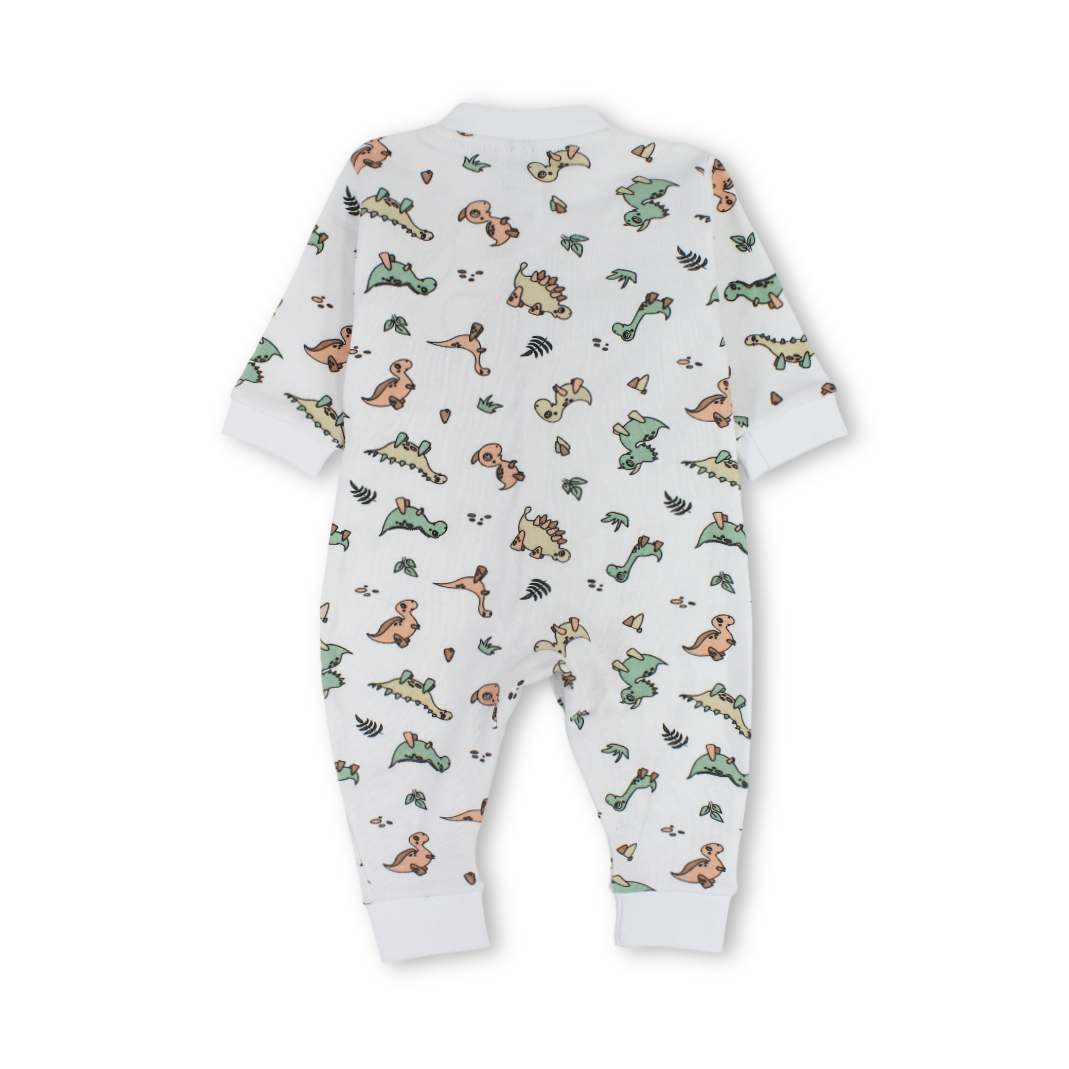 Baby Boys Cotton Footless Onesie – Off-White with Dino Print