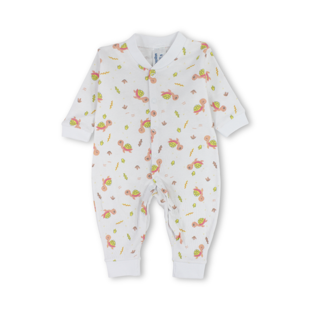 Unisex Baby Cotton Footless Onesie – Off-White with Turtles Print
