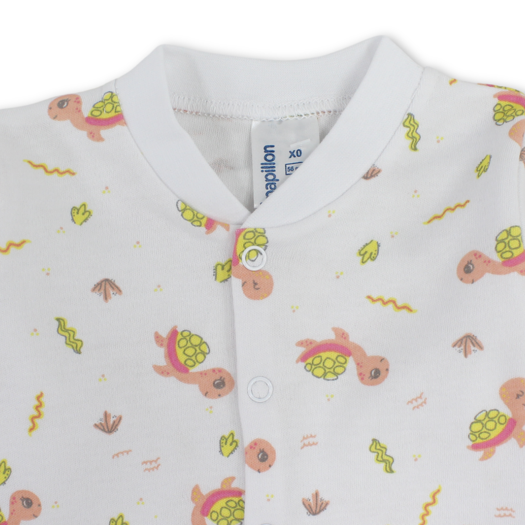 Unisex Baby Cotton Footless Onesie – Off-White with Turtles Print