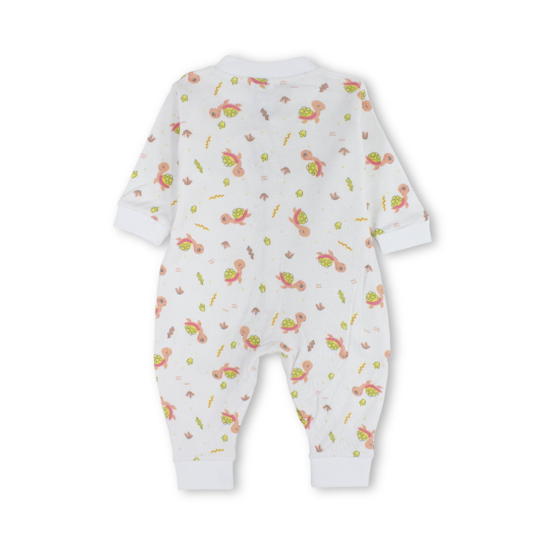 Unisex Baby Cotton Footless Onesie – Off-White with Turtles Print