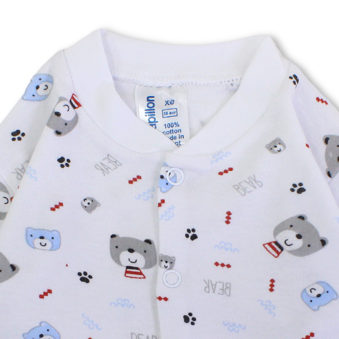 Baby Boys Cotton Footless Onesie – White with Teddy Bear Print