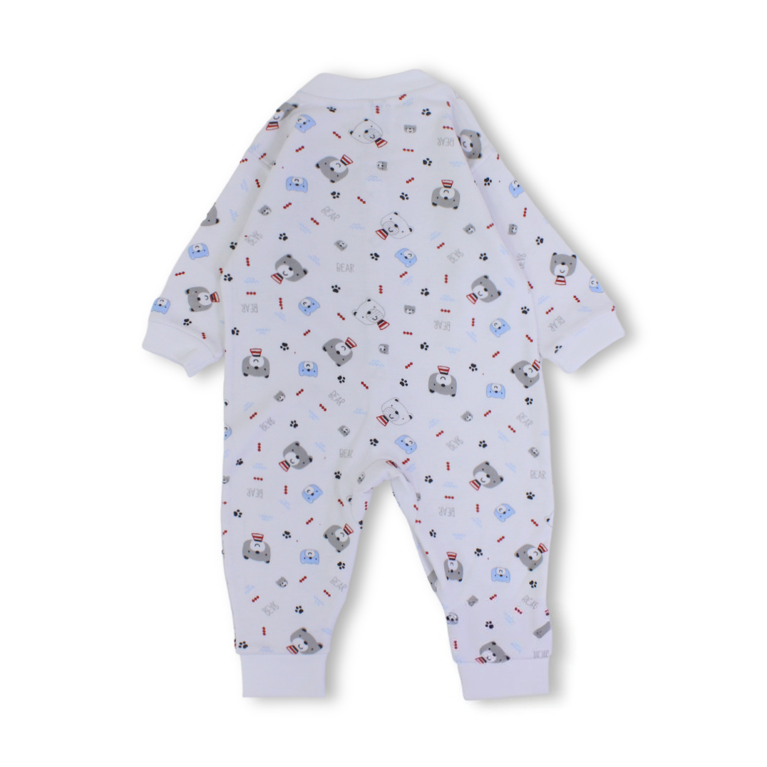 Baby Boys Cotton Footless Onesie – White with Teddy Bear Print