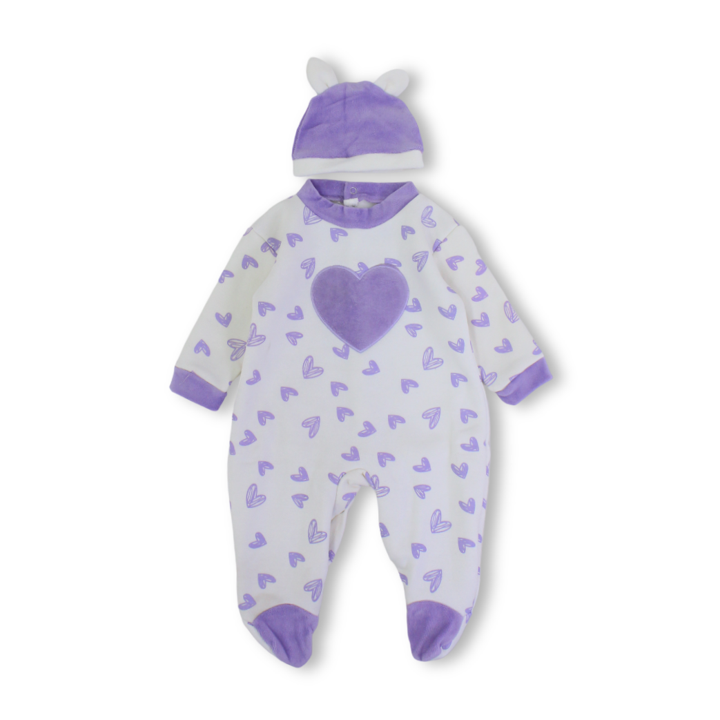 Baby Girls Cotton Baby Footie + Cap – Off-White & Purple with Hearts Print
