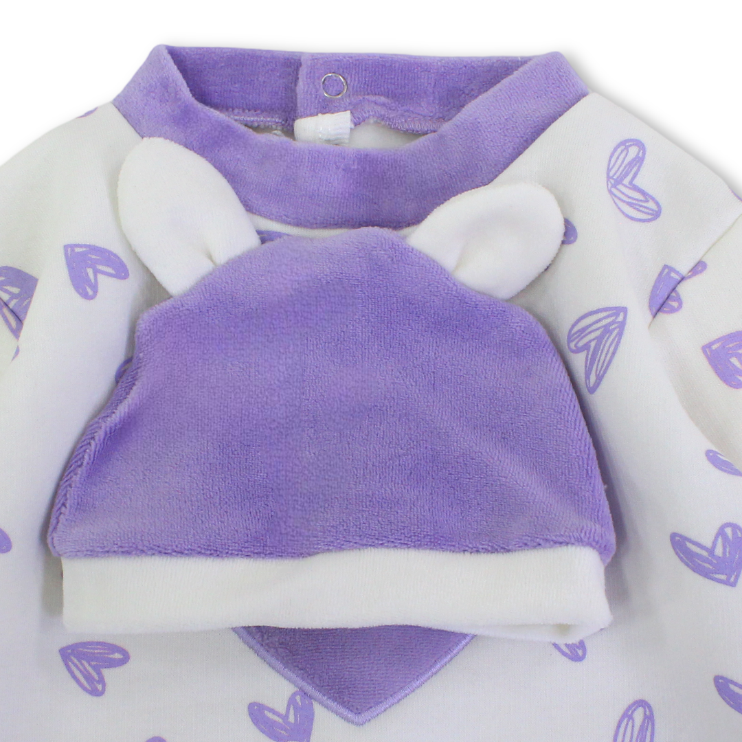 Baby Girls Cotton Baby Footie + Cap – Off-White & Purple with Hearts Print