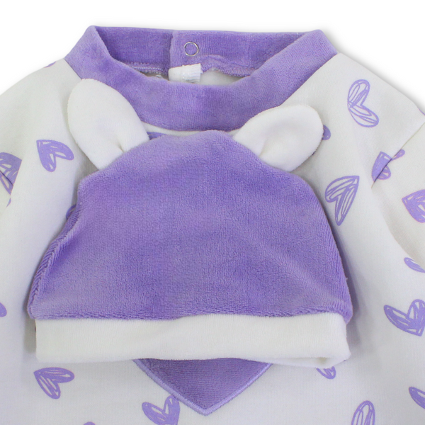 Baby Girls Cotton Baby Footie + Cap – Off-White & Purple with Hearts Print