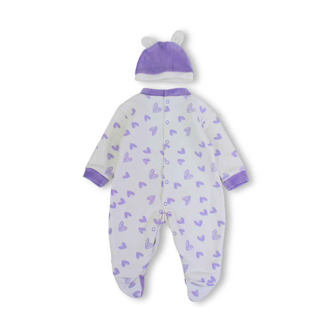 Baby Girls Cotton Baby Footie + Cap – Off-White & Purple with Hearts Print