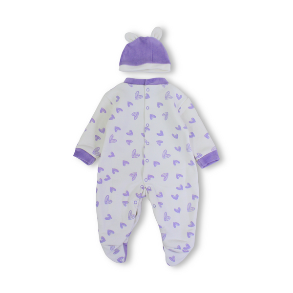 Baby Girls Cotton Baby Footie + Cap – Off-White & Purple with Hearts Print