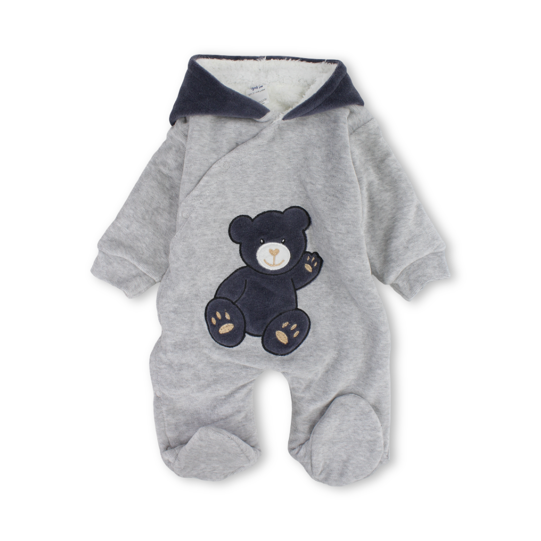 Baby Boys Velvet Hooded Baby Footie – Grey with Teddy Bear Embroidery
