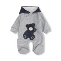Baby Boys Velvet Hooded Baby Footie – Grey with Teddy Bear Embroidery
