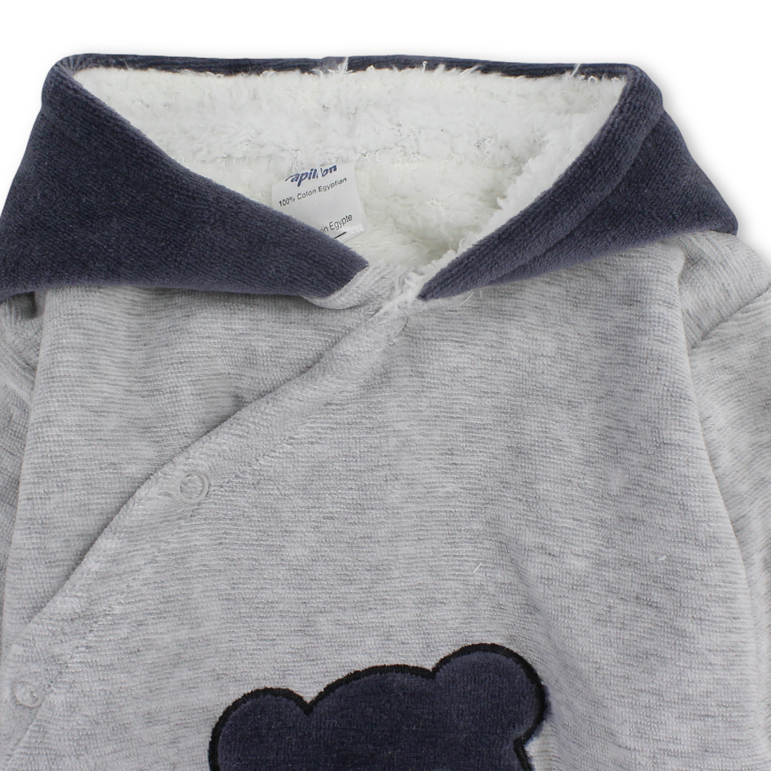 Baby Boys Velvet Hooded Baby Footie – Grey with Teddy Bear Embroidery