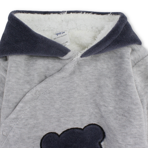 Baby Boys Velvet Hooded Baby Footie – Grey with Teddy Bear Embroidery