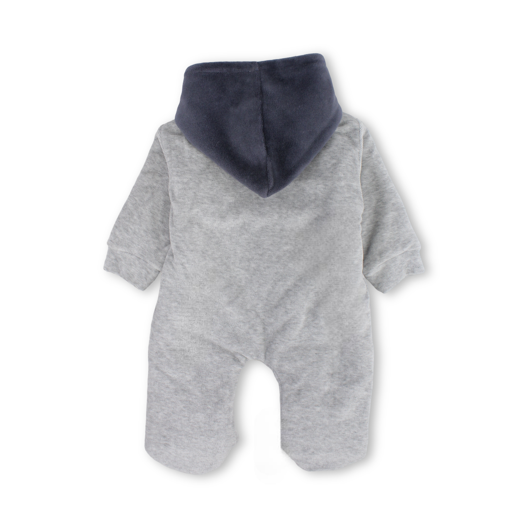 Baby Boys Velvet Hooded Baby Footie – Grey with Teddy Bear Embroidery