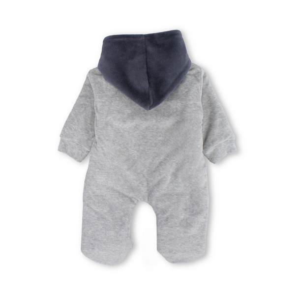 Baby Boys Velvet Hooded Baby Footie – Grey with Teddy Bear Embroidery
