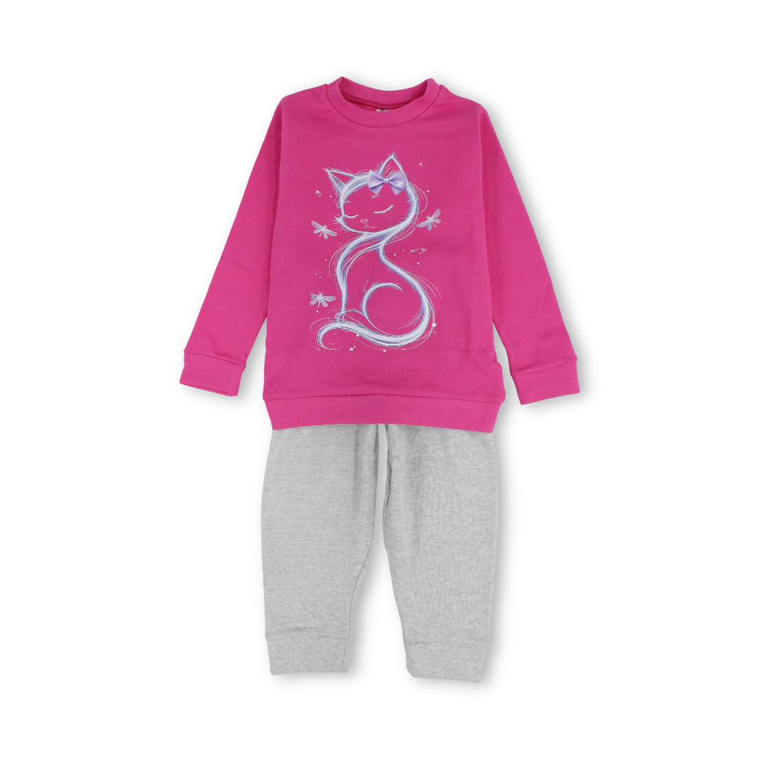 Girls Cotton Pajama – Fuchsia with Cat Print