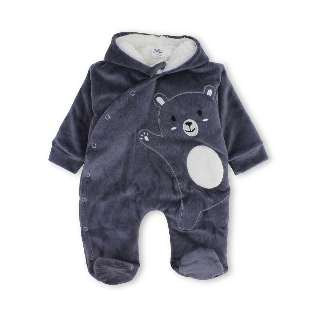 Baby Boys Velvet Hooded Baby Footie – Teddy Bear Embroidery