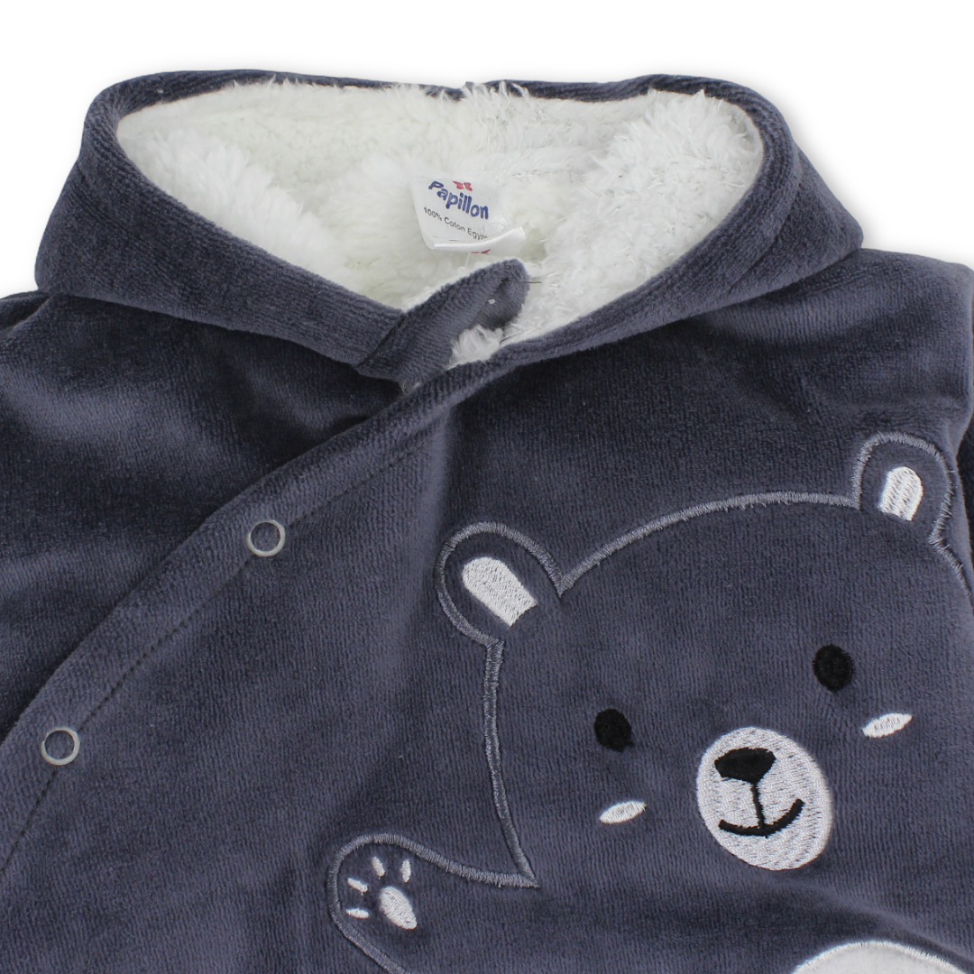 Baby Boys Velvet Hooded Baby Footie – Teddy Bear Embroidery